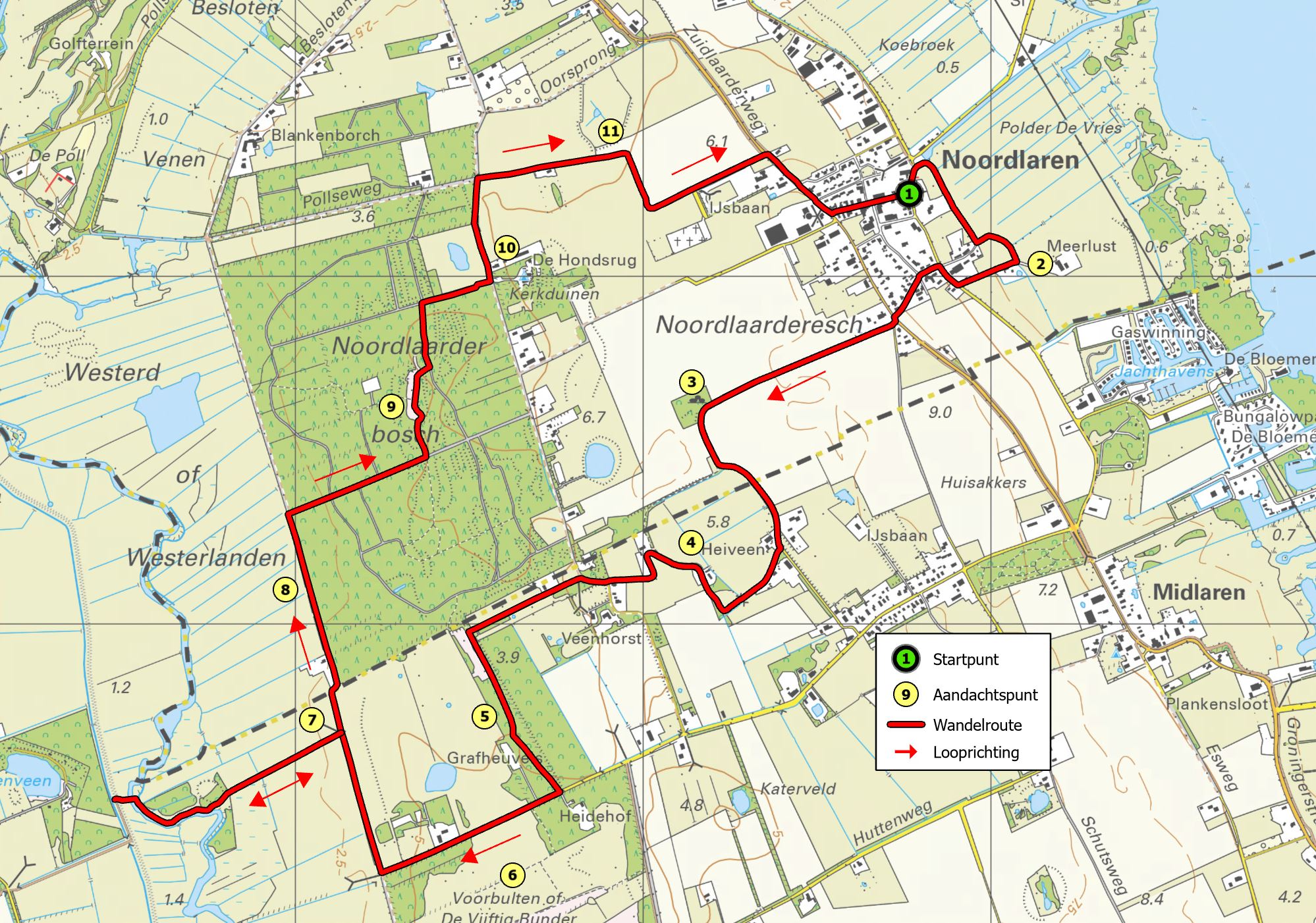 Kaart met wandelroute door Noordlaarderbos, start en aandachtspunten gemarkeerd, richting aangegeven.