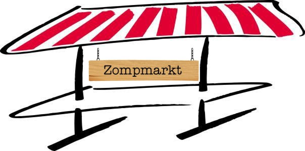 Een getekende marktkraam met rood-wit dak, hangt bord met tekst: "Zompmarkt".