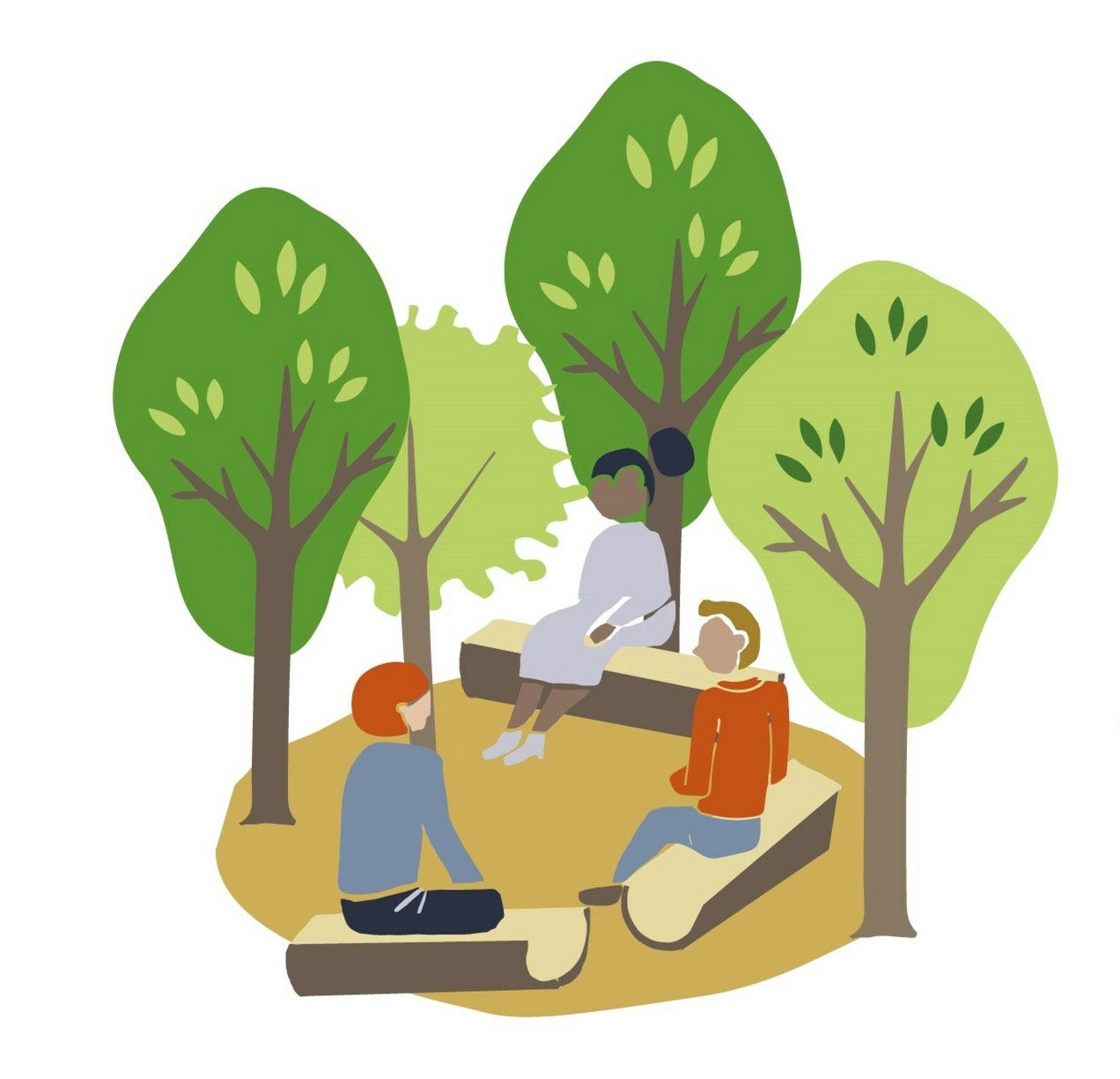 Vier mensen zitten in een kring op boomstammen, omringd door bomen.