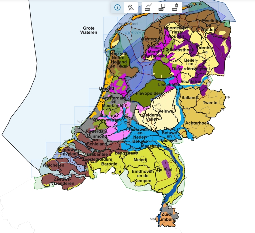 Kaart van Nederland met gebieden in verschillende kleuren en namen zoals "Gelderse Vallei" en "Twente".