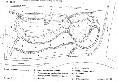 Plattegrond van natuurgebied De Zomp met verschillende bos- en vegetatietypes, schaal 1:500.