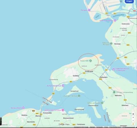 Kaart van Goeree-Overflakkee met Oostdijk en Kwade Hoek gemarkeerd.
