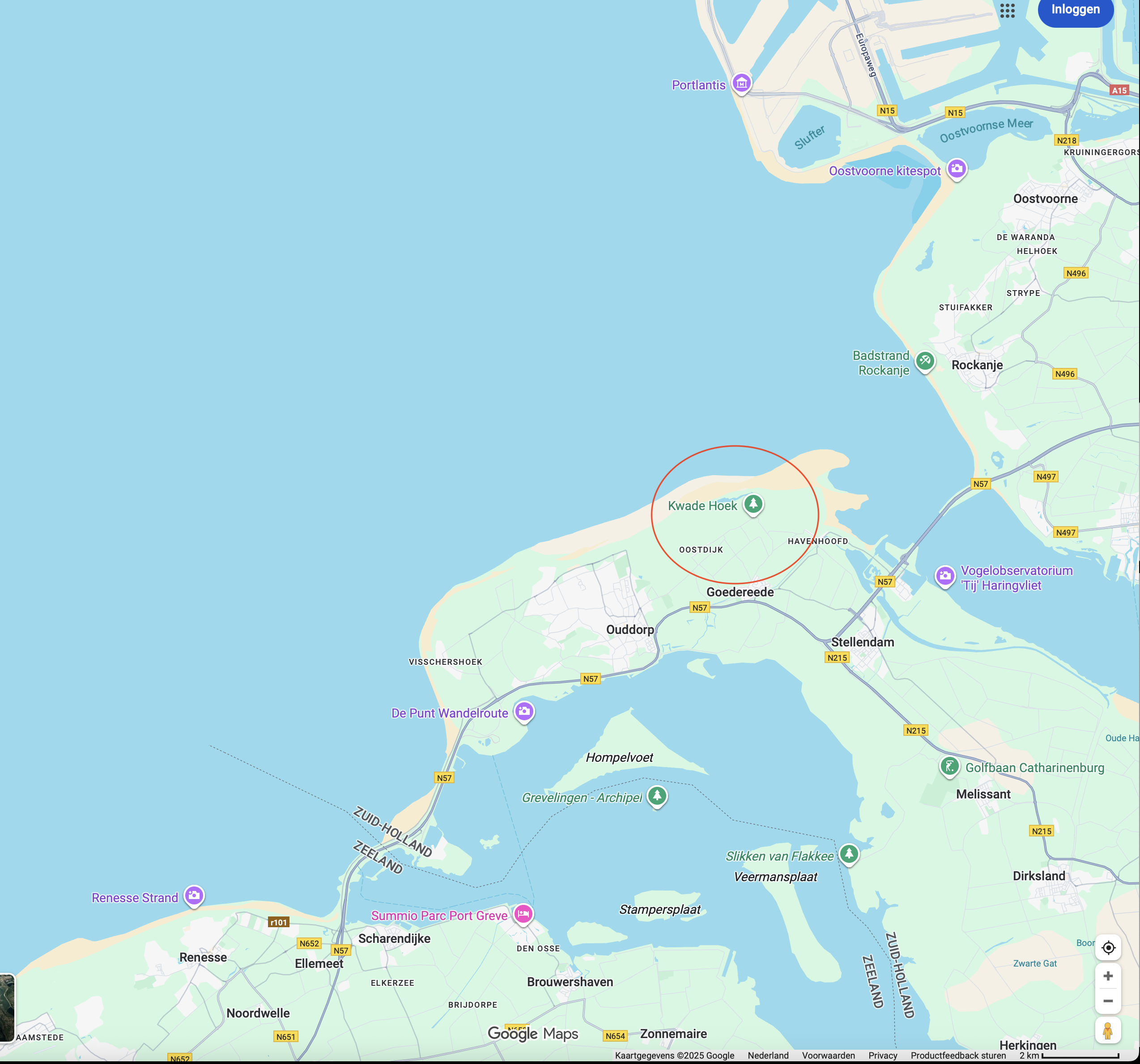 Kaart van Goeree-Overflakkee met Oostdijk en Kwade Hoek gemarkeerd.