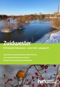 Winterlandschap met ijs en bomen onder blauwe lucht; roodborstje op tak, tekst over IVN Zuidwest.