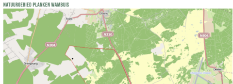 Kaart van natuurgebied Planken Wambuis met nabijgelegen wegen: N304, N310 en N804.
