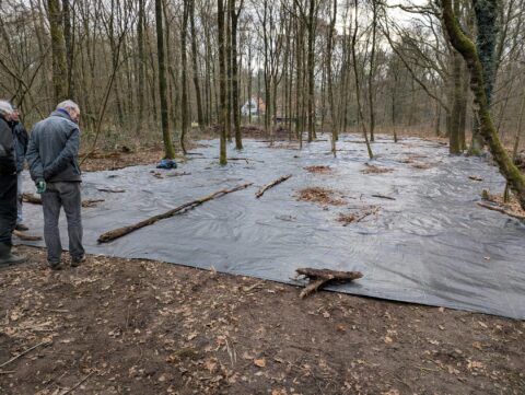 Twee mensen bekijken een groot stuk zwarte plasticfolie in een bos.