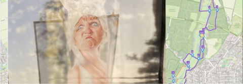 Een schilderij van een expressief gezicht naast een wandelkaart met een gemarkeerde route.