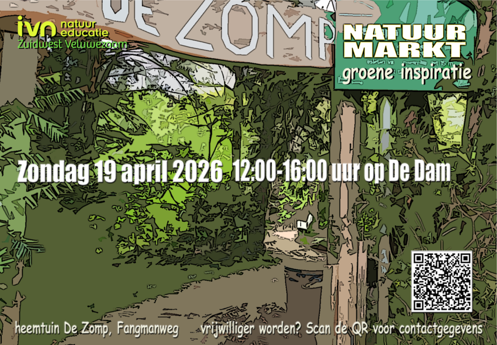 Illustratie van een natuurmarkt op 19 april 2026, 12:00-16:00, in een groene omgeving met QR-code.