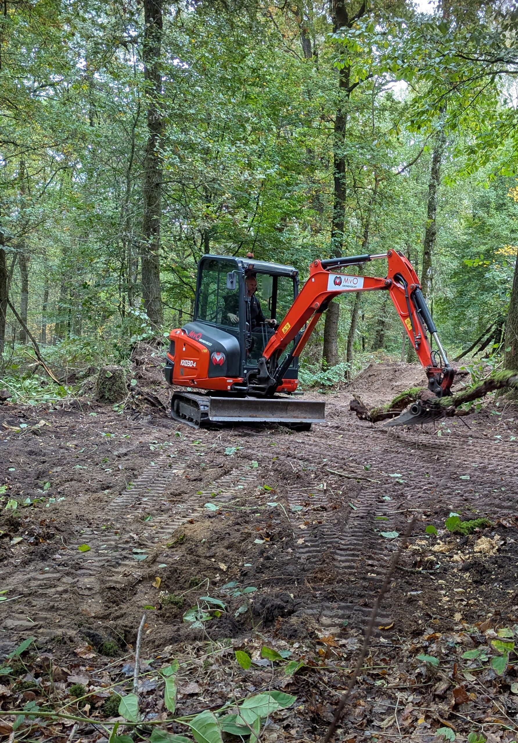 Graafmachine werkt in bosgebied, omringd door bomen en omgewoelde grond.