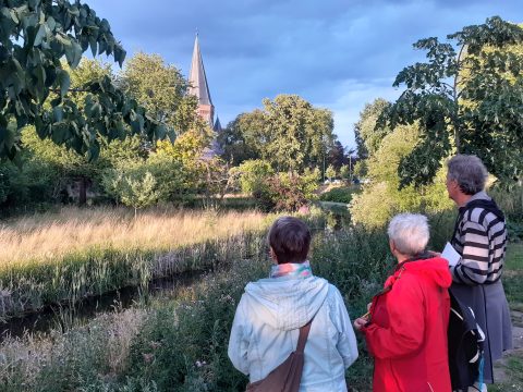 Drie mensen kijken naar een kerkspits omgeven door bomen in een parklandschap.