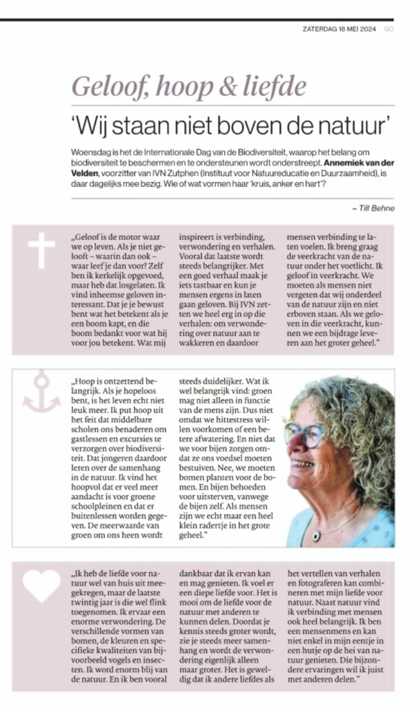 Interview met Annemiek van der Velden, voorzitter van IVN Zutphen, in De Stentor van 18 mei 2024