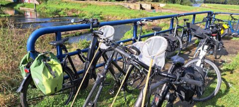 Fietsen met zadeltassen en schepnetten staan tegen een blauwe reling bij een rivier.