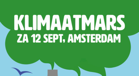 Klimaatmars poster, za 12 sept, Amsterdam, groene wolken en rook met blauwe lucht.