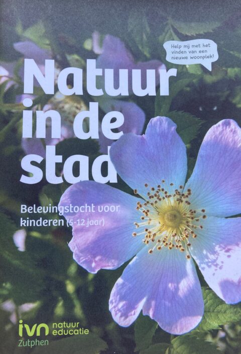 Paarse bloem en bladeren, met tekst "Natuur in de stad" en een pratende wolk: "Help mij...woningplek".