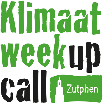 "Tekst 'Klimaat week up call Zutphen' in groene en zwarte letters met een toren silhouet."