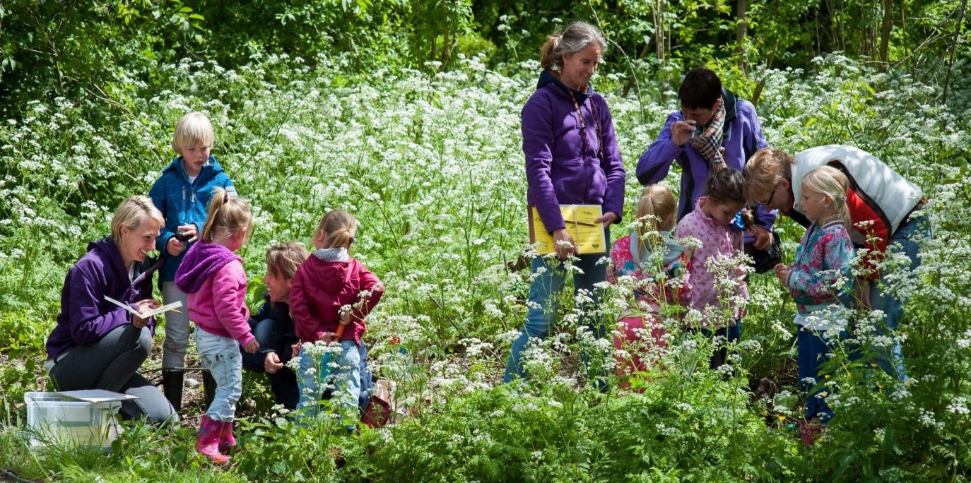 Kinderen verkennen de natuur met begeleiders in een weelderige, groene omgeving.
