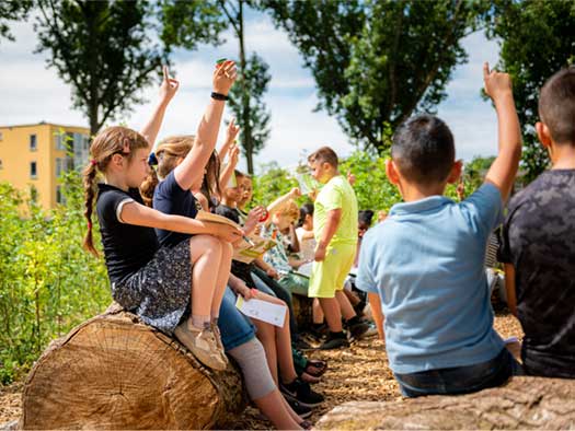 Kinderen buiten op boomstammen, handen omhoog, mogelijk tijdens een les.