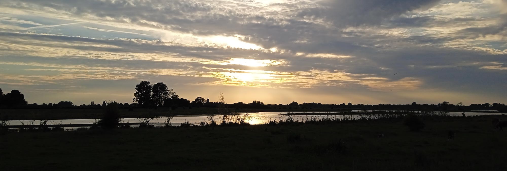 Zonsondergang boven een rivierlandschap met silhouetten van bomen en reflectie op het water.