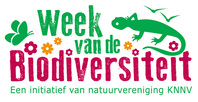 Afbeelding met de tekst "Week van de Biodiversiteit", natuurthema met dieren en bloemen.