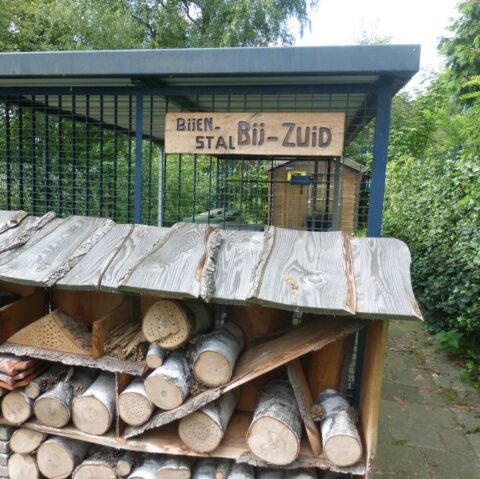 Bijenstal met houten bijenhotel, bord "Bijenstal Bij-Zuid", omringd door groen en een hek.