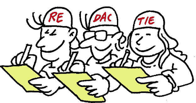 Drie tekenfiguren schrijven op papier met petten die samen "REDACTIE" spellen.