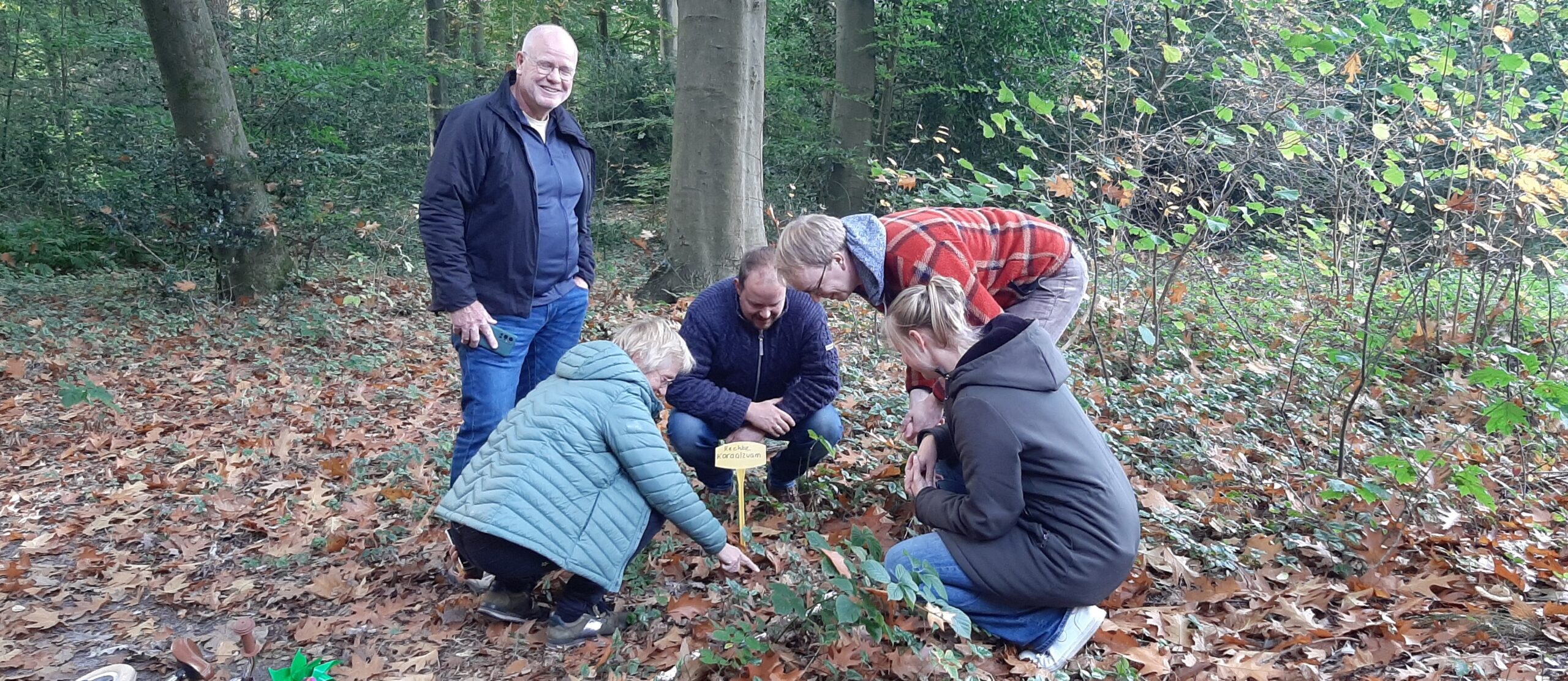 Een groep mensen observeert de grond in een bosrijke omgeving.