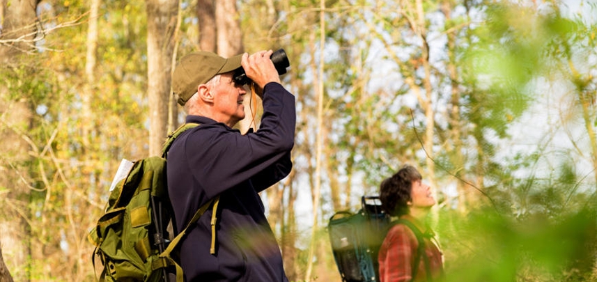 Twee mensen observeren vogels in een bos; een kijkt door een verrekijker.