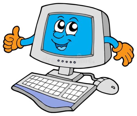 Computermascotte met gezicht en armen geeft duim omhoog naast toetsenbord en muis.