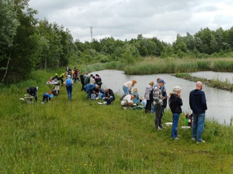 Groep mensen onderzoekt water aan een vijver in een groen, bosrijk gebied onder een bewolkte hemel.