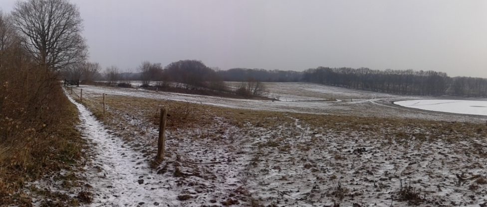 Besneeuwd pad langs een hek met bomen en een besneeuwd veld in een mistig winterlandschap. Kraaijenberg Bergen op Zoom