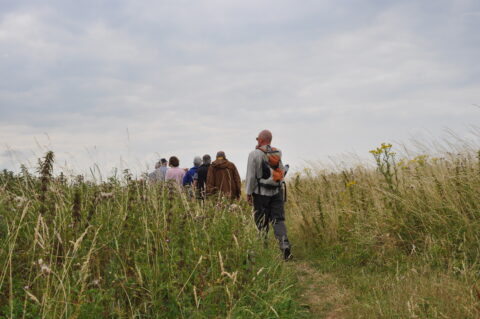 Groep wandelaars loopt op smal pad door hoog gras onder bewolkte hemel.