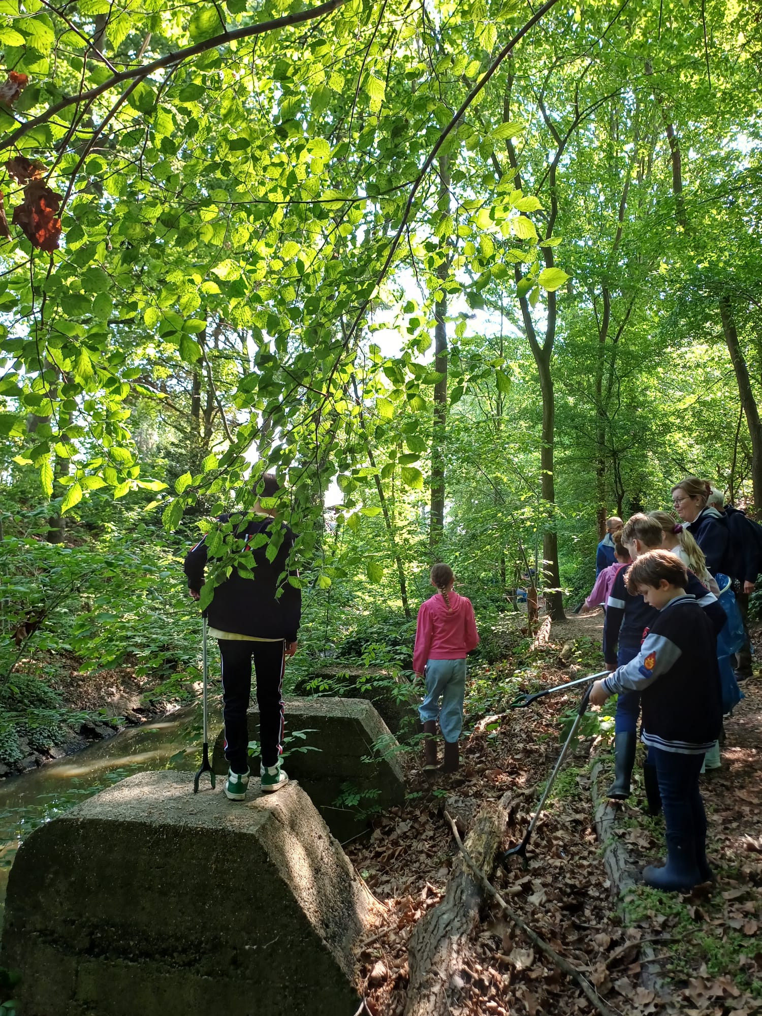 Kinderen lopen met afvalgrijpers langs een bosbeekje onder groene bomen.