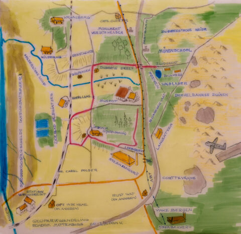 Getekende kaart met wandelroute Brabantse Wal