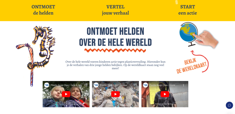 Afbeelding van kinderacties tegen plastic, met video's en interactieve wereldkaartopties.