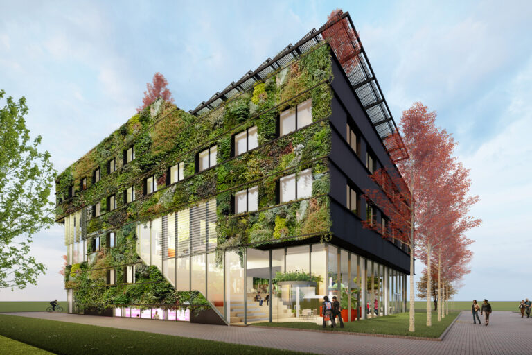 Modern gebouw met groene gevel, omgeven door bomen en mensen op straat.