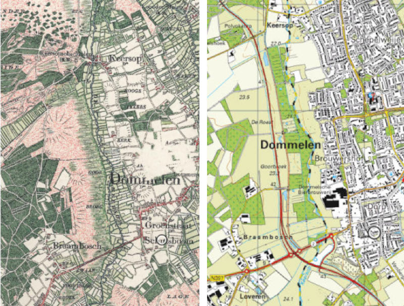 Keersopdal bij Dommelen oude en nieuwe situatie bron www.toporeis.nl