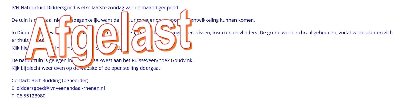 Tekst over IVN Natuurtuin, met groot rood woord "Afgelast" erop geplaatst.