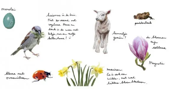 Illustratie van lentevoorwerpen: ei, mus, lam, pad, magnolia, narcissen, lieveheersbeestje. Met tekst.