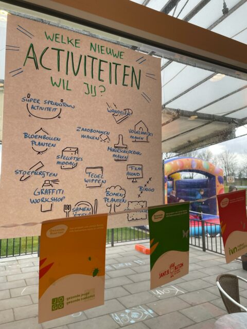 Poster met nieuwe activiteitenopties in een recreatiecentrum; een springkussen is buiten zichtbaar.