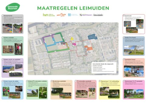 Plattegrond van Leimuiden met voorstellen voor speel- en groenlocaties, genummerd en ingekleurd.