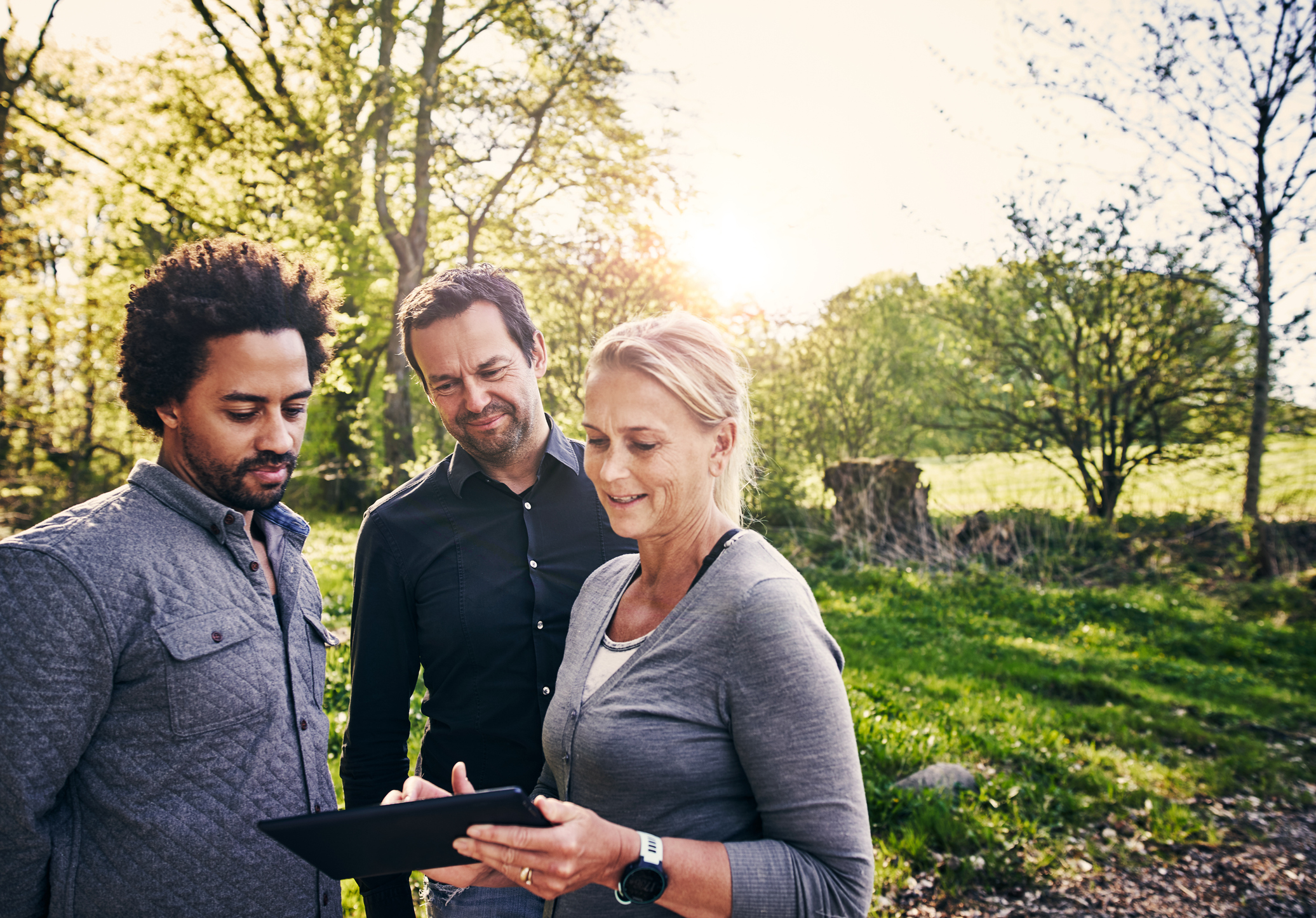 Drie mensen buiten, kijkend naar een tablet, met bomen en zon in de achtergrond.