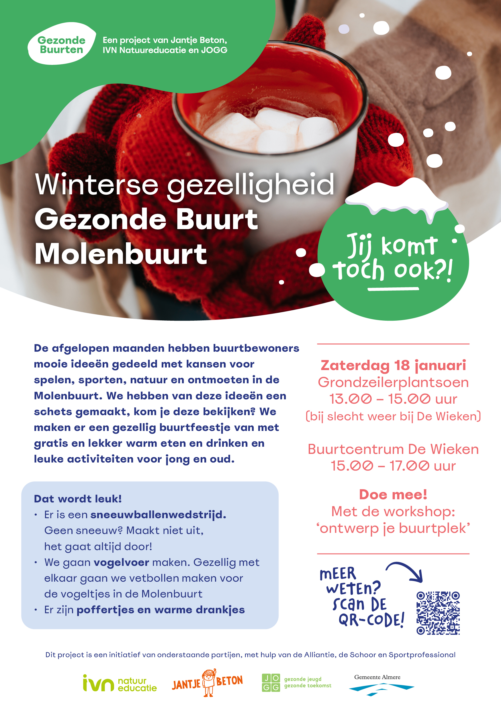 Promotieposter voor winterfeest in Molenbuurt met activiteiten en workshops op 18 januari.