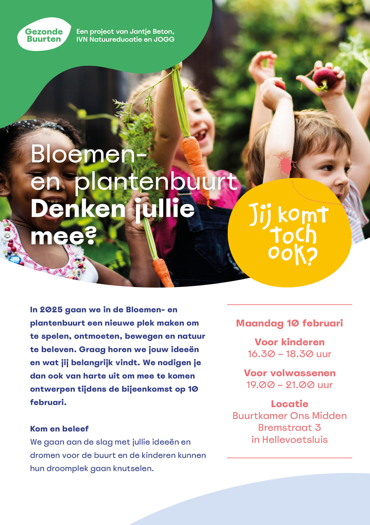 Kinderen met wortels; uitnodiging voor buurtbijeenkomst over speelplek op 10 februari in Hellevoetsluis.