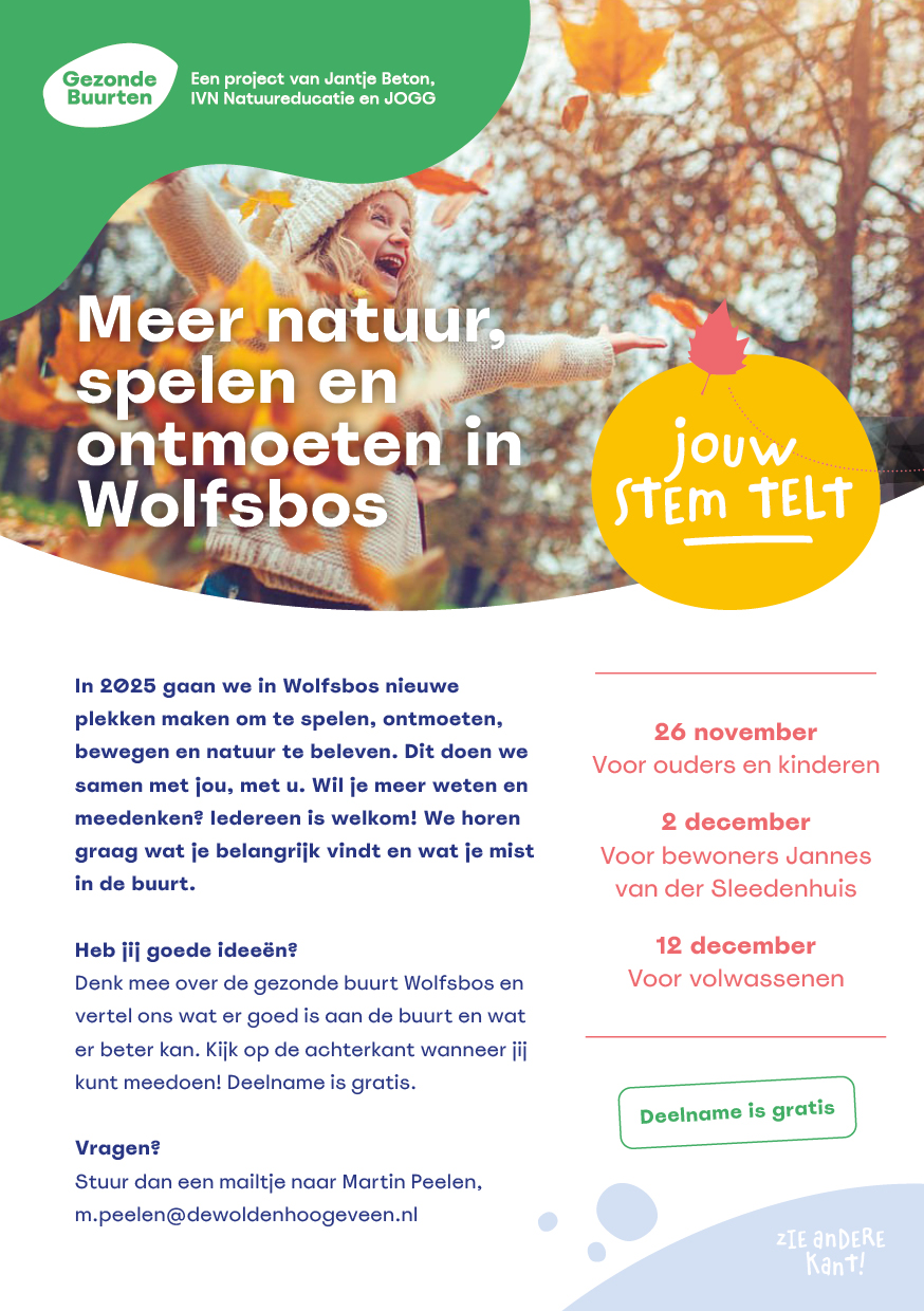 Promotieposter voor natuurproject in Wolfbos. Gratis deelname aan bijeenkomsten in november en december.