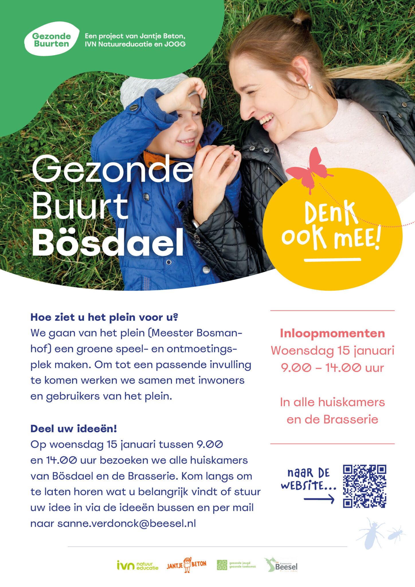 Vrouw en kind liggen glimlachend op gras. Tekst promoot ideeën voor groene speelplek in Bösdael.