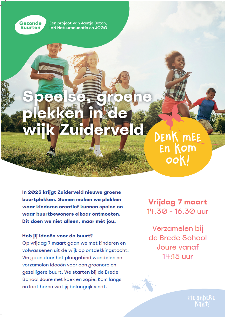 Kinderen rennen in een park; evenement voor groene buurtplekken in Zuiderveld, 7 maart.