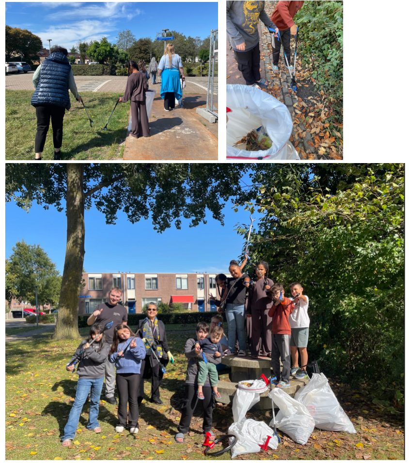 Mensen ruimen afval op in een park; ze gebruiken grijpstokken en vullen zakken met afval.