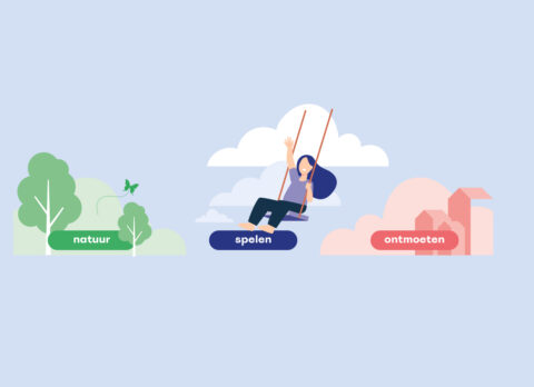 Illustratie van natuur, een spelend kind op een schommel en gebouwen voor ontmoeten.