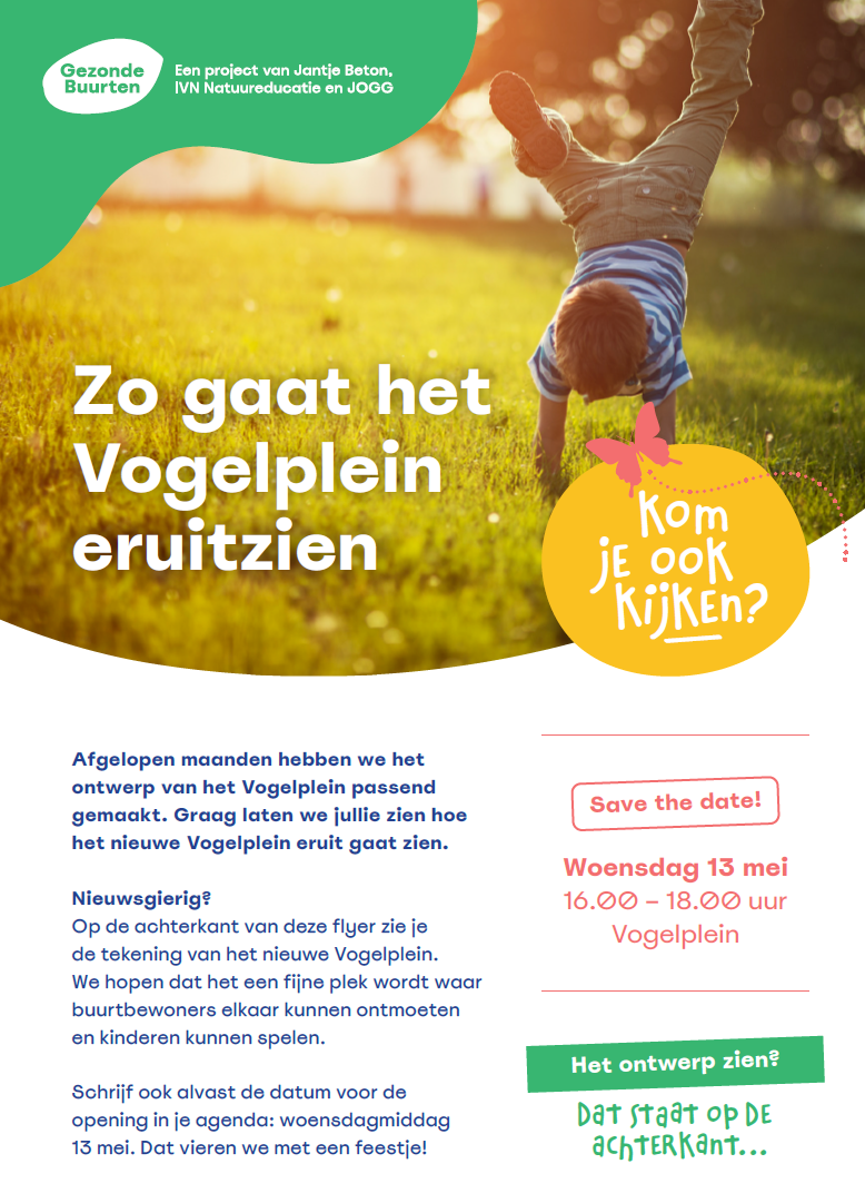 Uitnodiging voor de opening van het vernieuwde Vogelplein op woensdag 13 mei, 16:00-18:00.