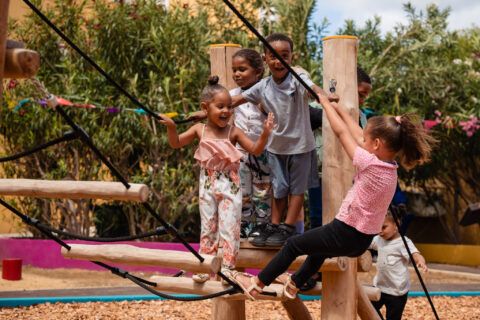 Kinderen spelen op een houten klimrek in een zonnige speeltuin.